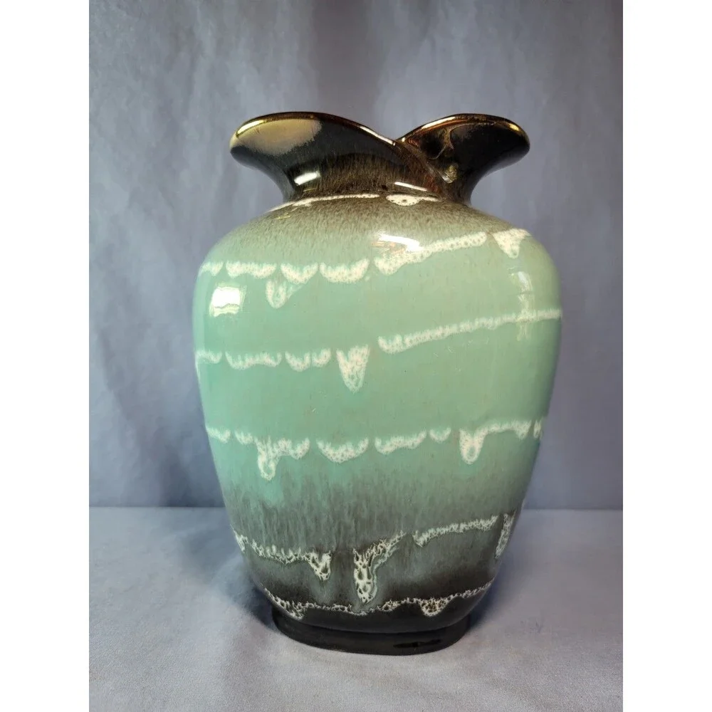 Drip Lava Vase Glazed German Tulip UNIQUE Green Black & Gold Vintage 8.5''